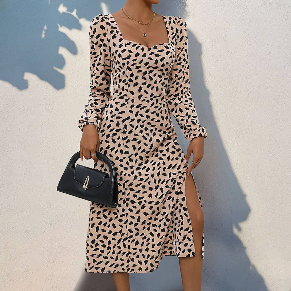 LONG SLEEVE LEOPARD PRINT SQUARE NECK DRESS