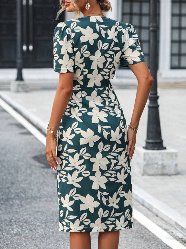 Printed V-neck slit hip-hugging elegant dress