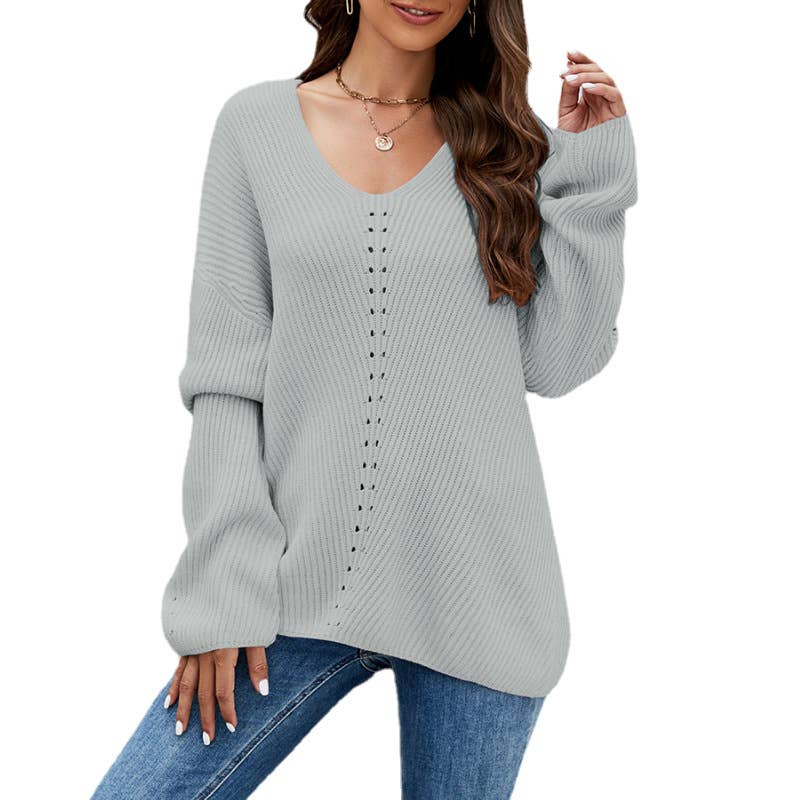 V-neck casual pullover loose solid color knit sweater