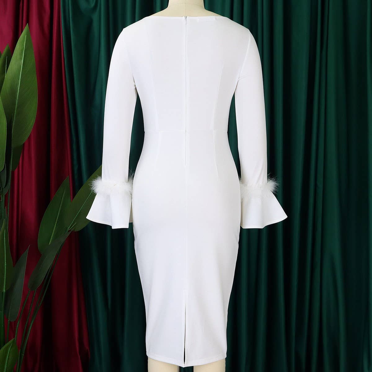 FASHION SOLID COLOR HIPWRAPPED FLARED SLEEVE DRESS_CWDMD3663