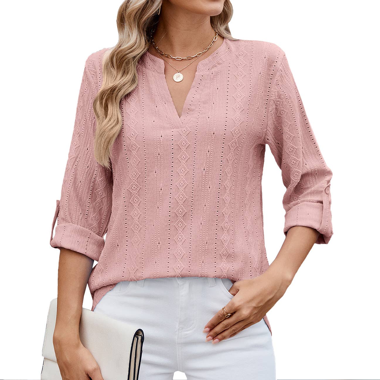 V-neck mid-sleeve button-up jacquard T-shirt