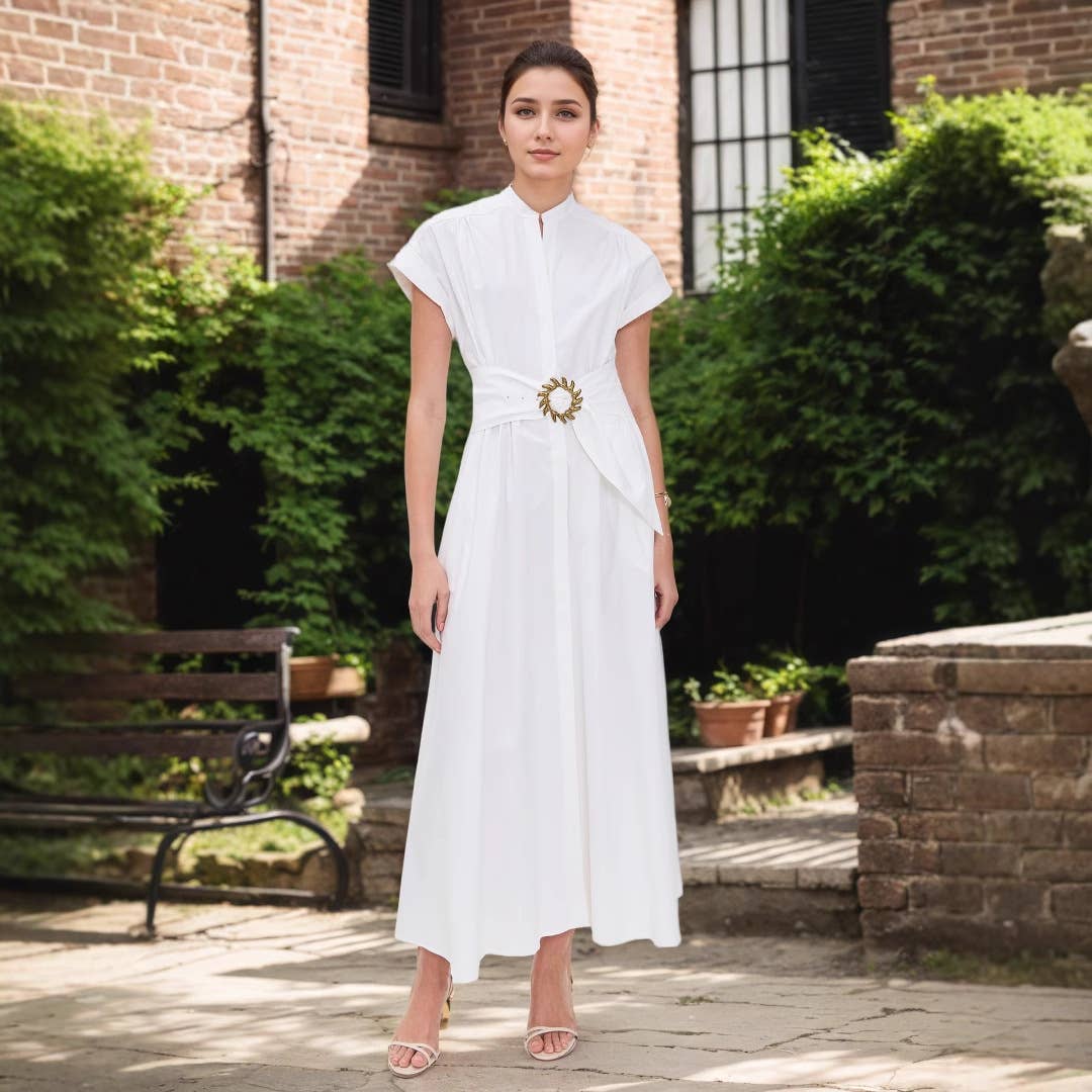 Sun metal belt short sleeve stand-up collar dress