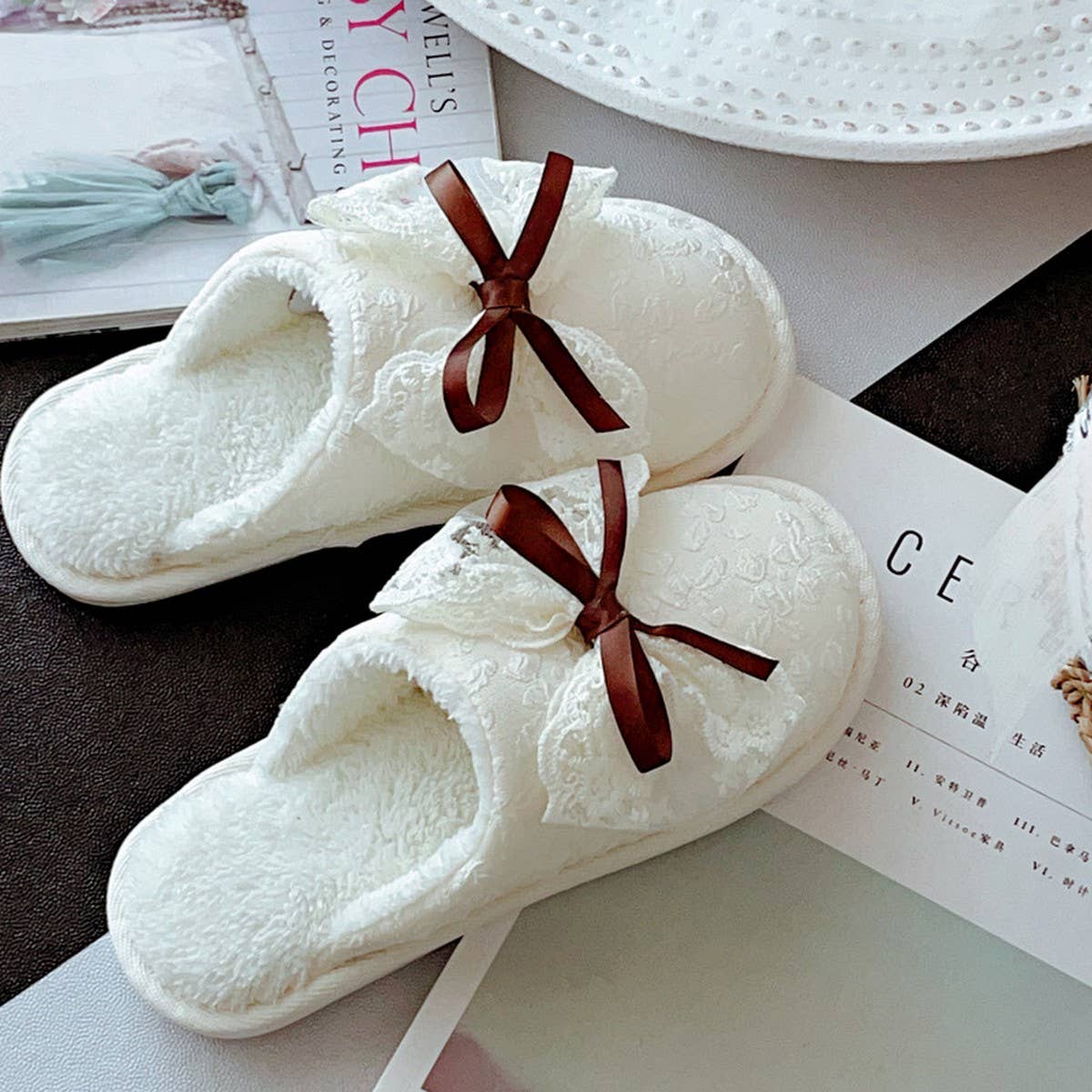 SWEET LACE BOWKNOT COTTON NON-SLIP SLIPPERS
