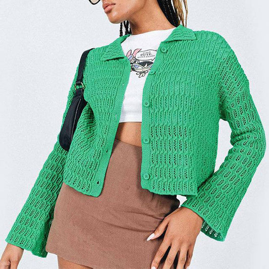 LAPEL HOLLOWED OUT SOLID COLOR BUTTON CARDIGAN