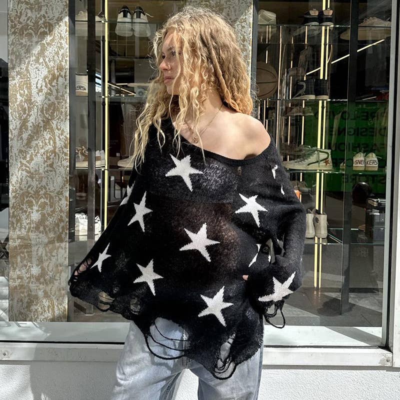 SLOUCHY CASUAL COLOR STAR PATCHWORK LOOSE SWEATER