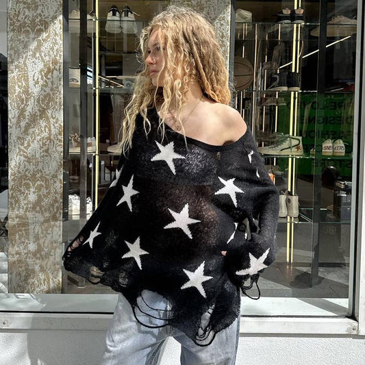 SLOUCHY CASUAL COLOR STAR PATCHWORK LOOSE SWEATER