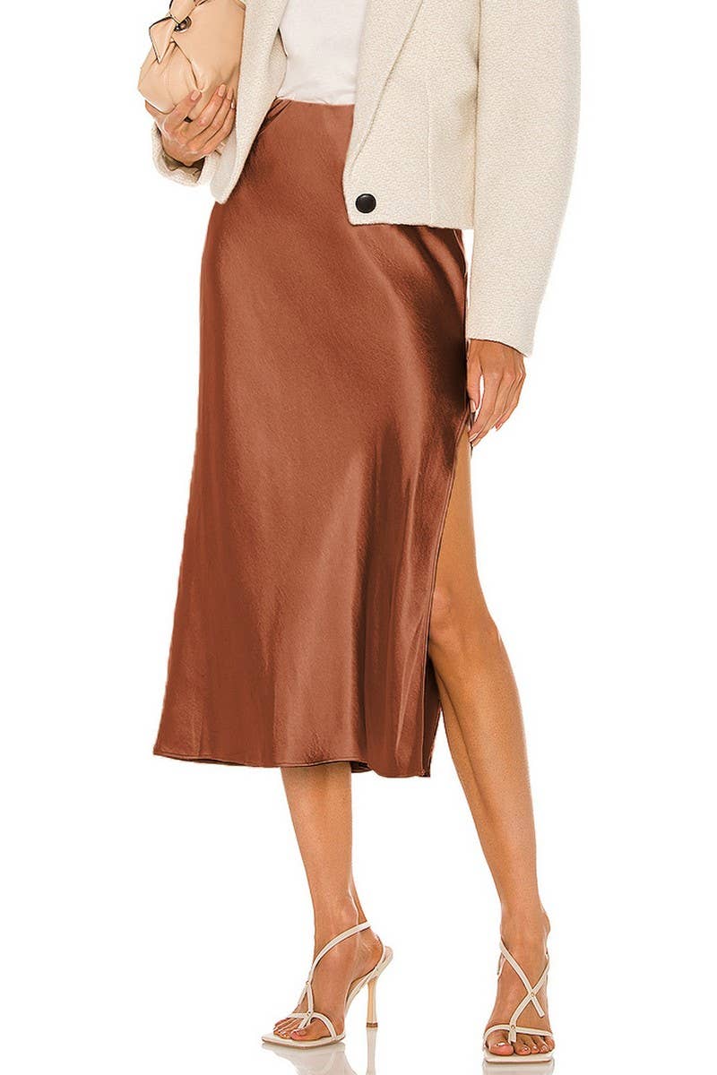 SATIN ELASTIC HIGH WAISTED SOLID SPLIT SKIRT