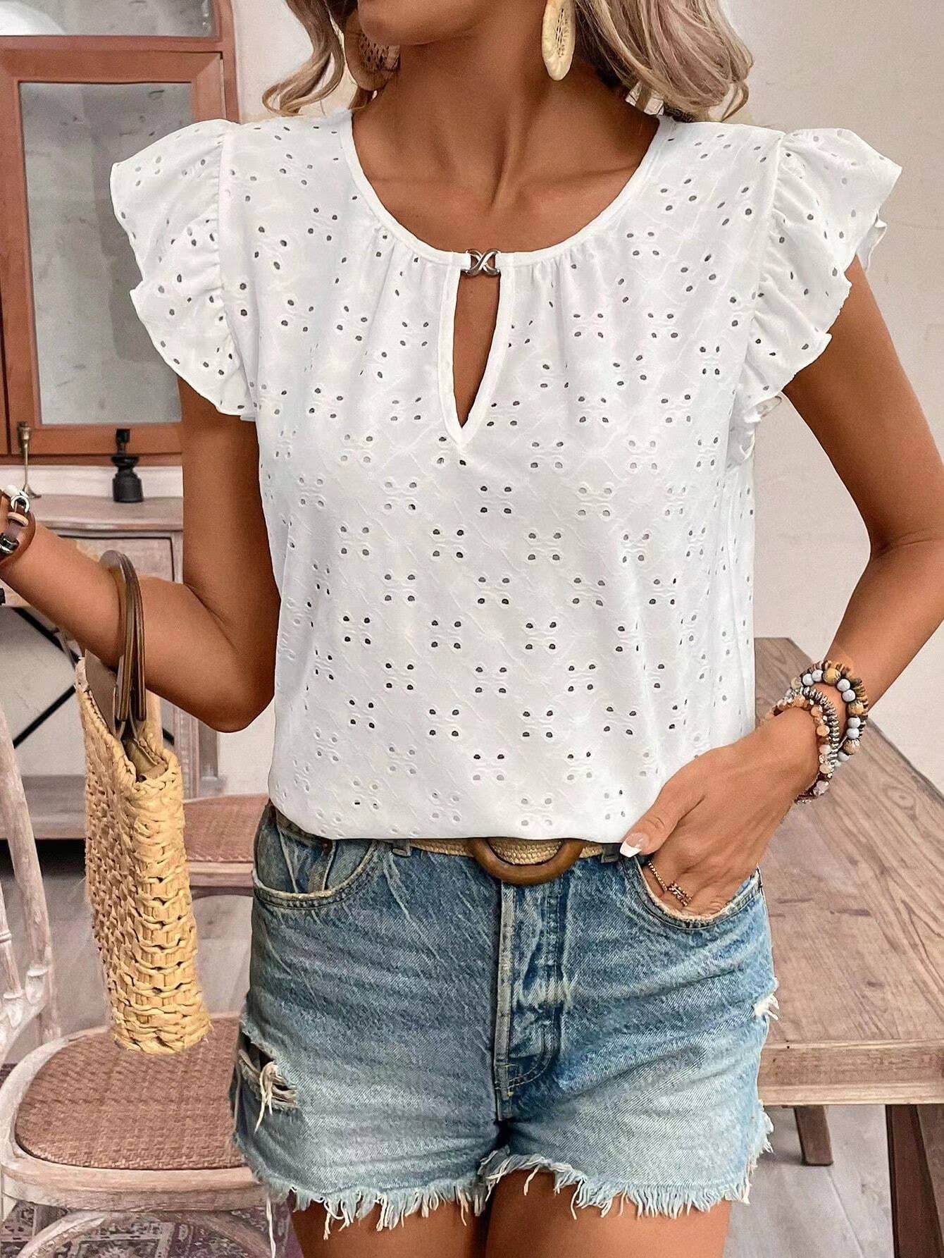 Jacquard V-neck pusher short-sleeved T-shirt