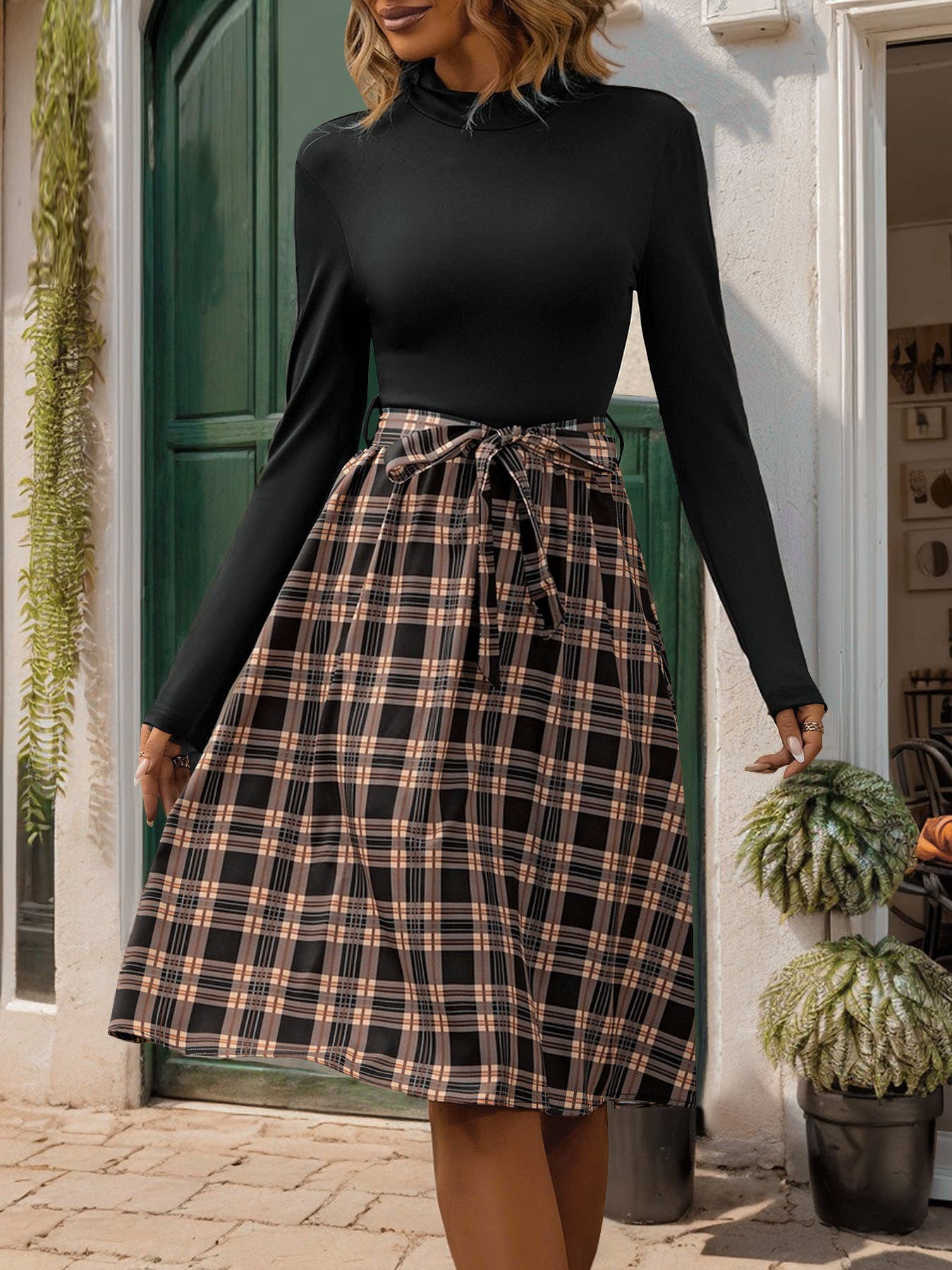 SLIM COMMUTER ELEGANT PLAID LACE-UP DRESS