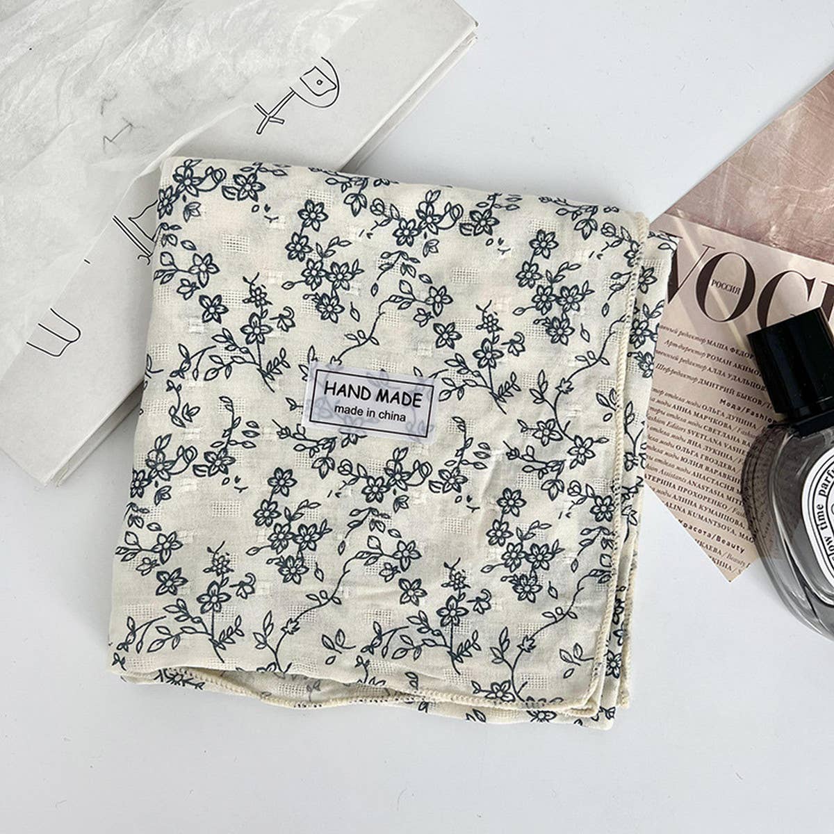 Floral Cotton Linen Square Scarf for Women