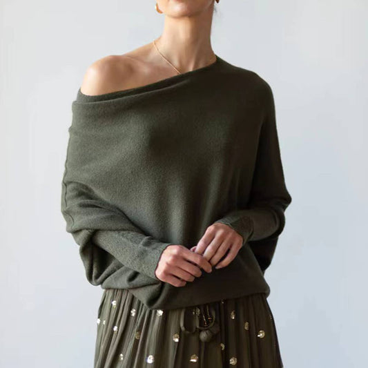 SOLID COLOR ONE-LINE COLLAR BAT-SLEEVE KNIT