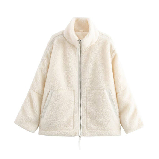 FASHION CASUAL LOOSE LAMB WOOL DOUBLE ZIPPER COAT