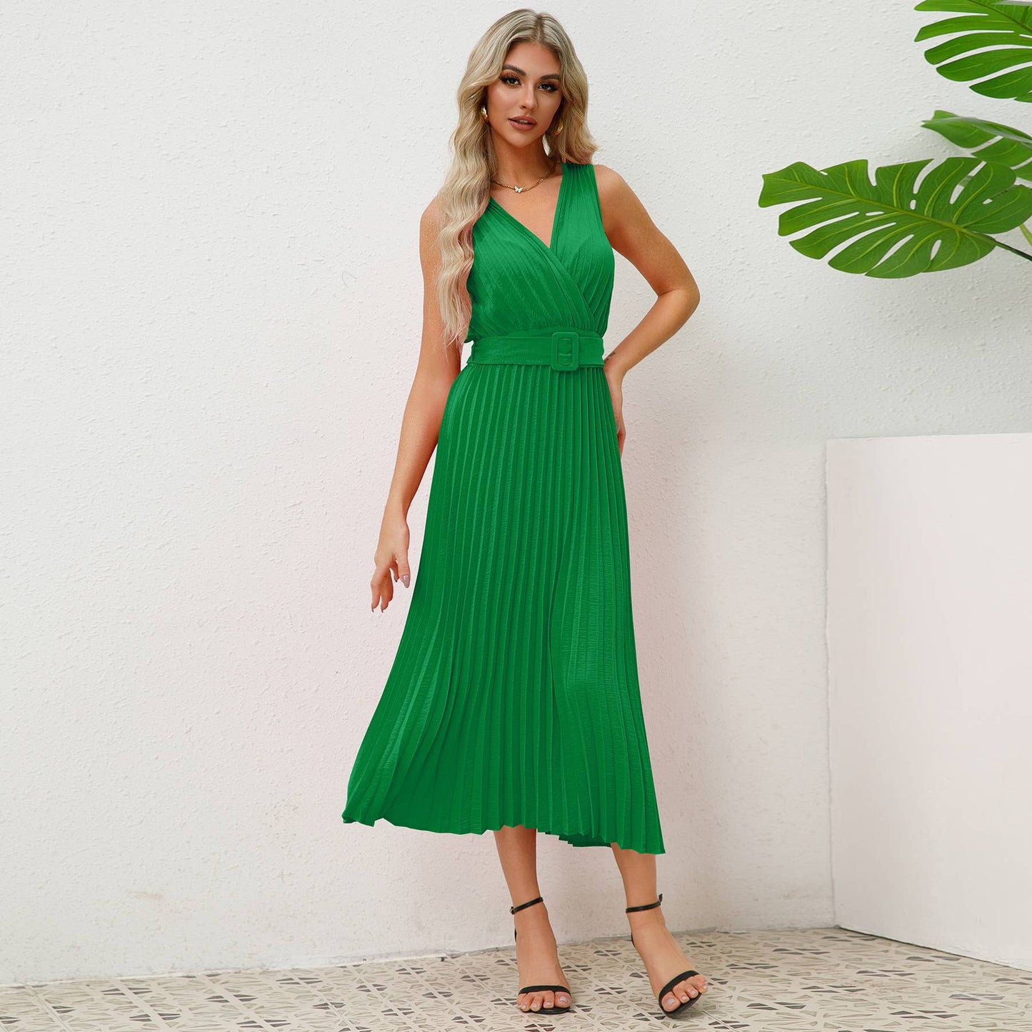 V-Neck Pleated Belted Bodycon Midi Dress