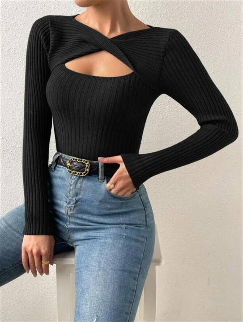 Sexy cut-out pullover solid-color knitted top