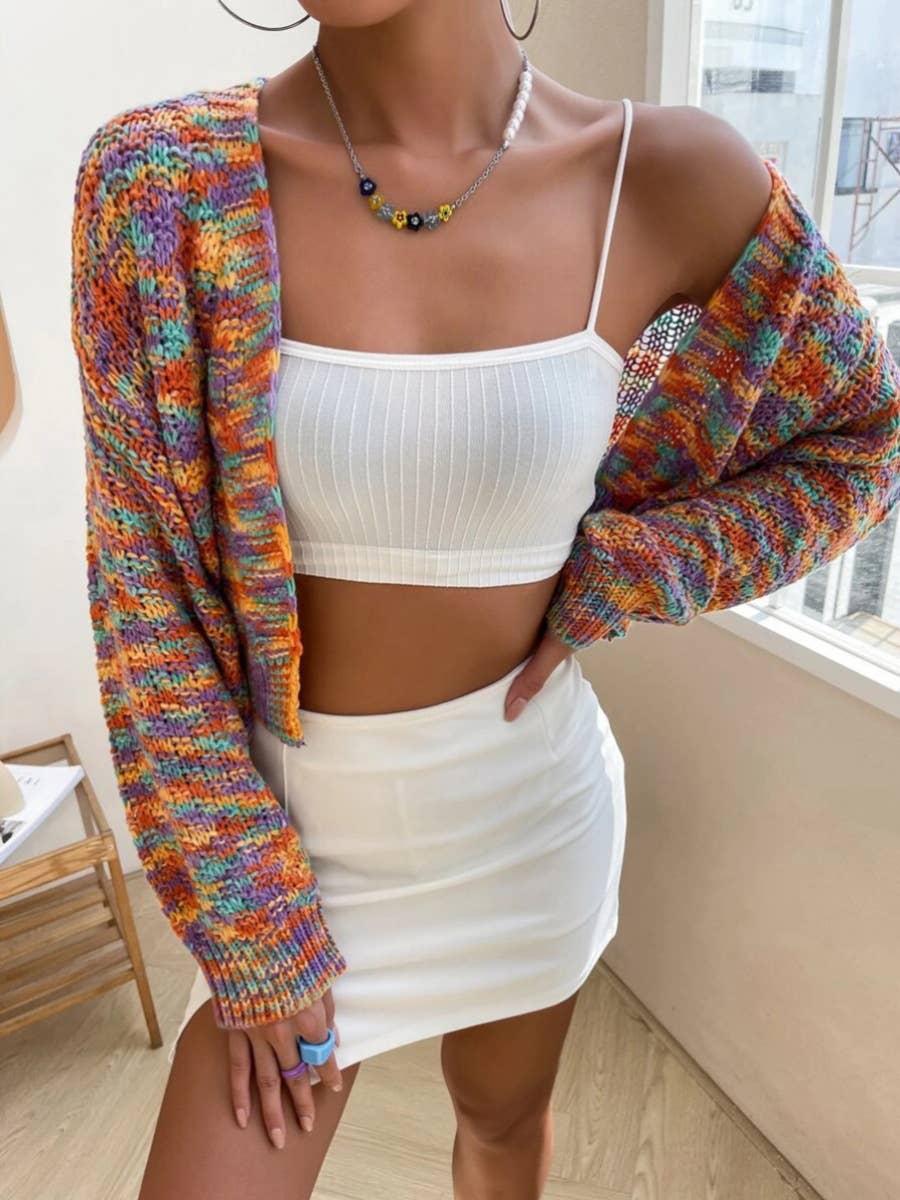 Short rainbow wide open knit cardigan