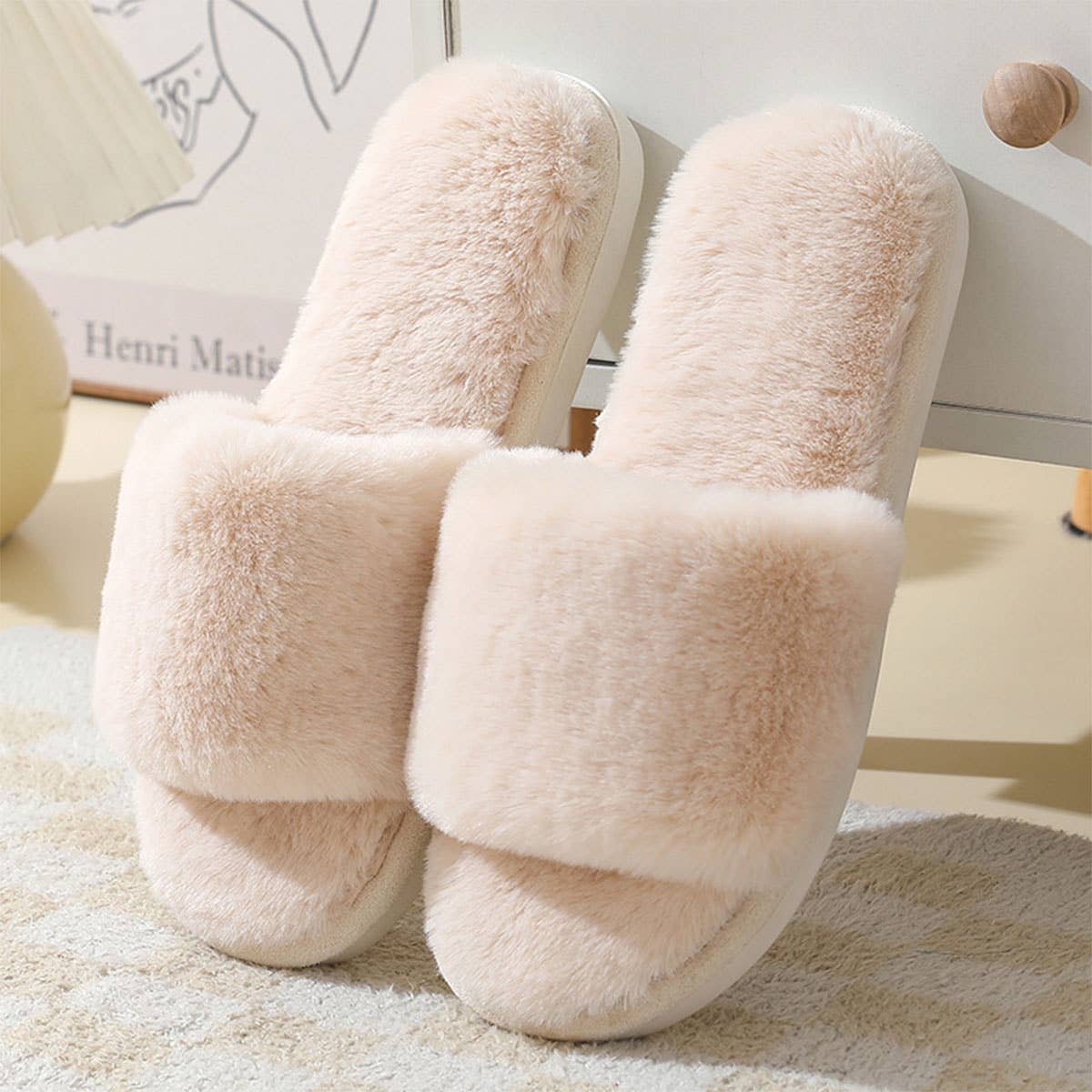 Faux rabbit fur slippers For Women