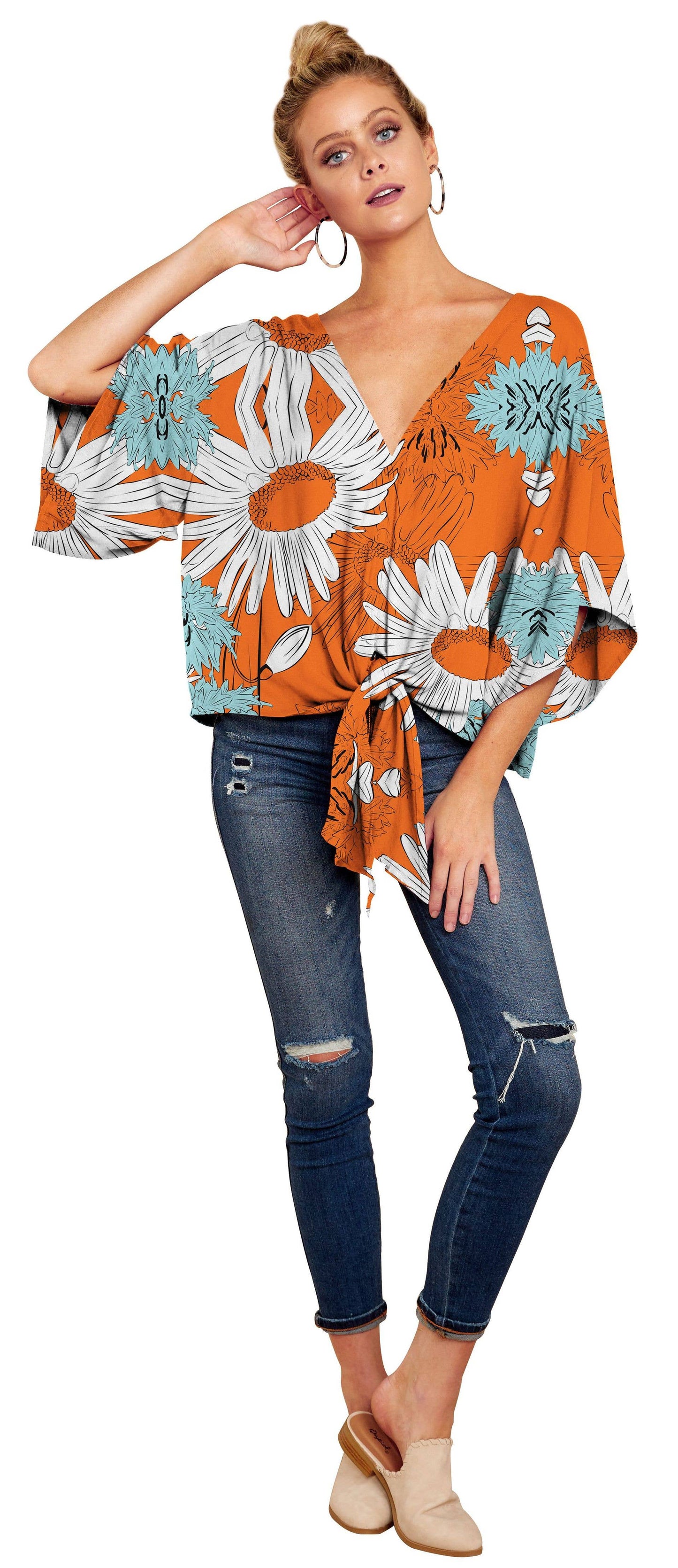 V-neck knotted printed loose sleeved top