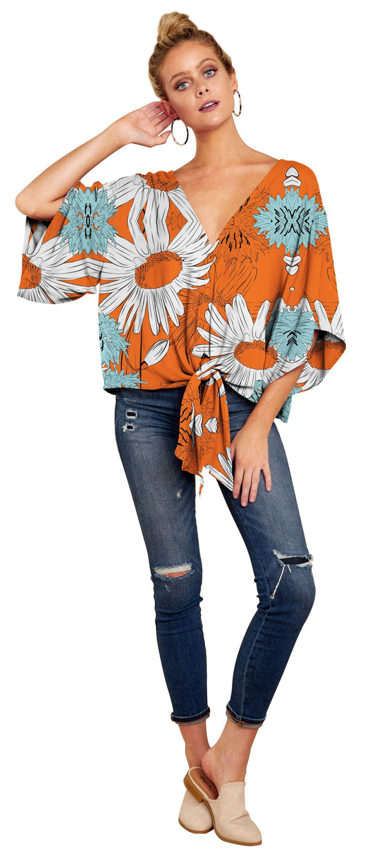 V-neck knotted printed loose sleeved top