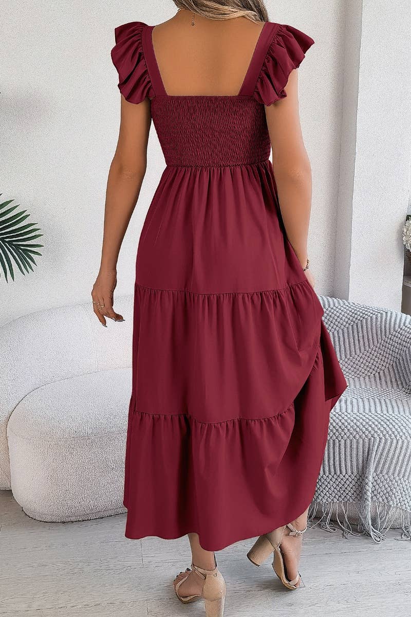 CWDMD2662_A-LINE DRESS WITH SQUARE COLLAR WOODEN EAR EDGE