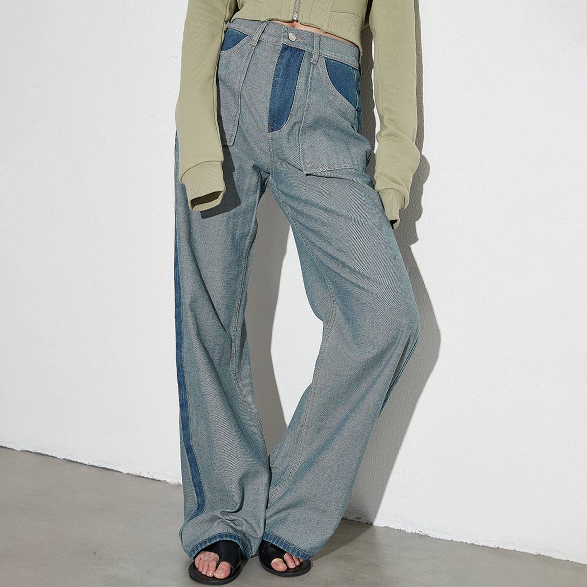 STRAIGHT LEG COLOR BLOCKING DENIM CASUAL PANTS_CWJP0202