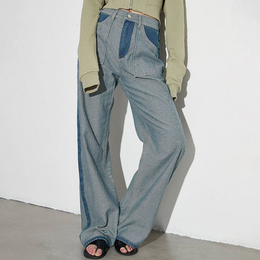 STRAIGHT LEG COLOR BLOCKING DENIM CASUAL PANTS_CWJP0202