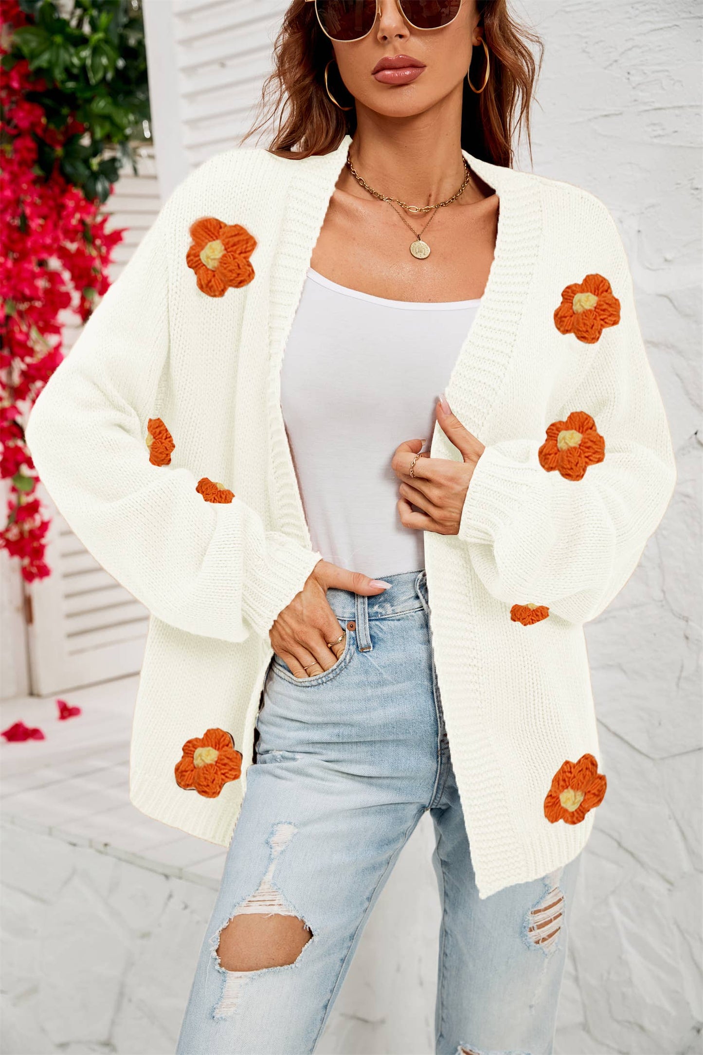 Flower cardigan lantern sleeve sweater coat_cwocal0687