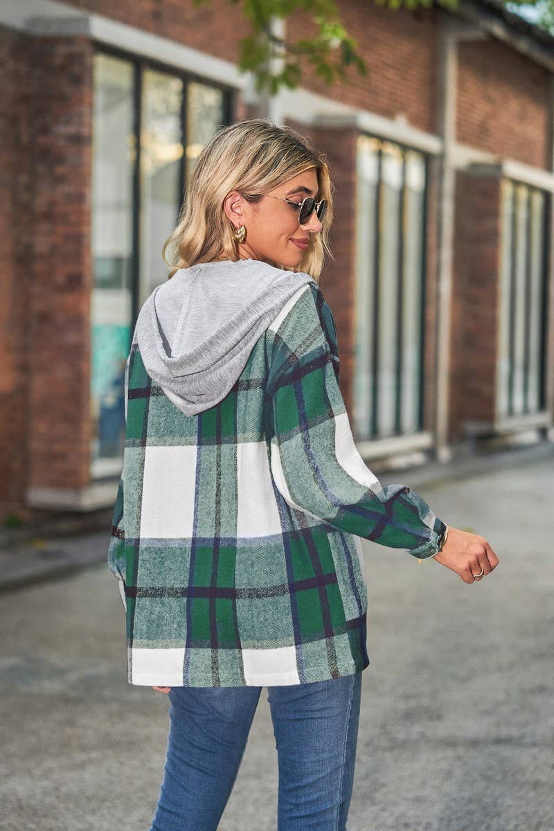 CWOCO1102_CASUAL LOOSE MID-LENGTH PLAID HOODED COAT