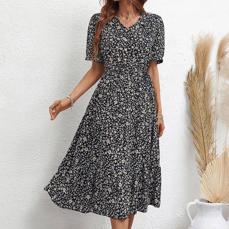 LAPEL FASHION PRINT SLIM SHORT-SLEEVED DRESS
