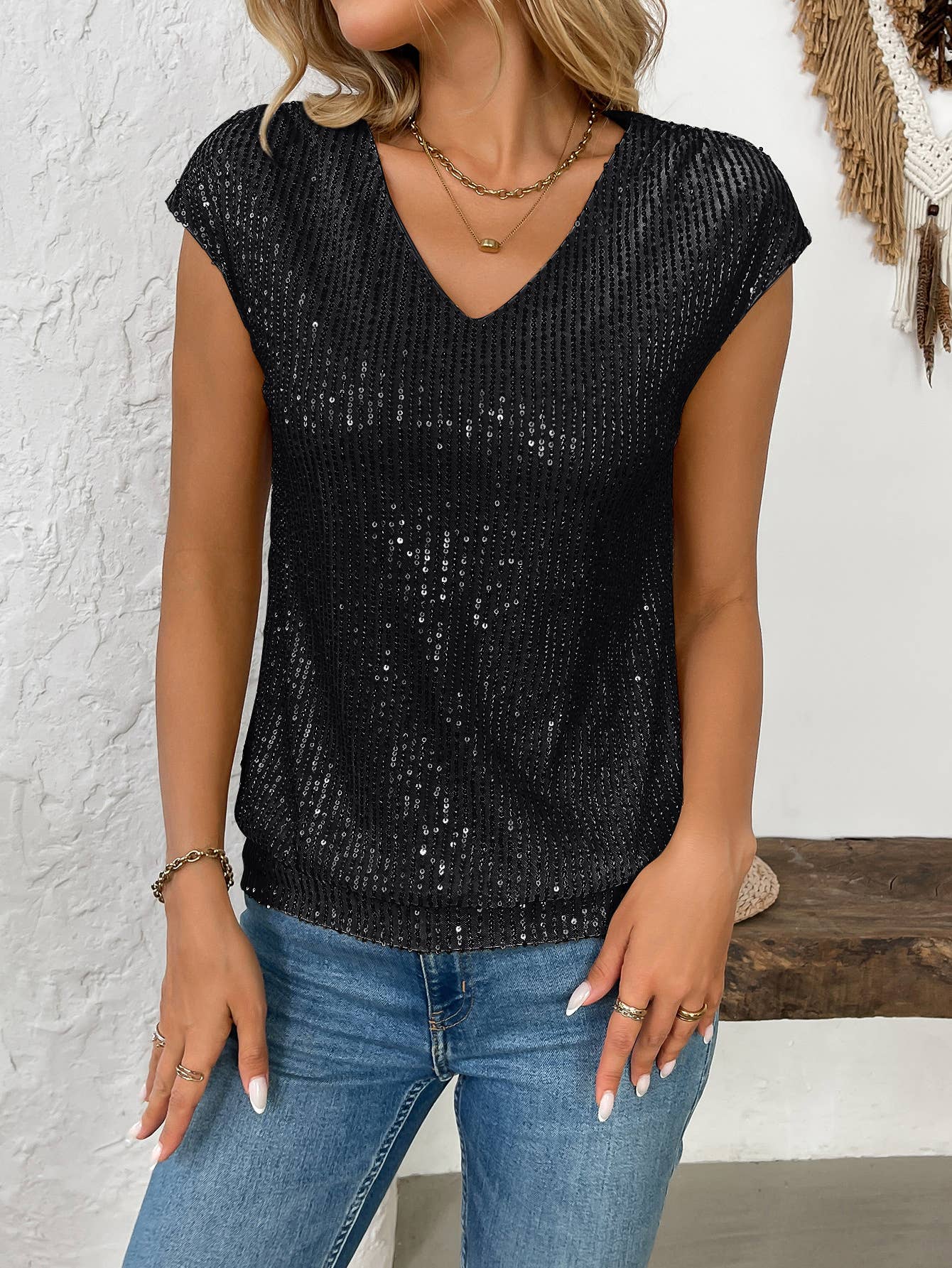 V-neck sequin fashion loose short-sleeve tank top