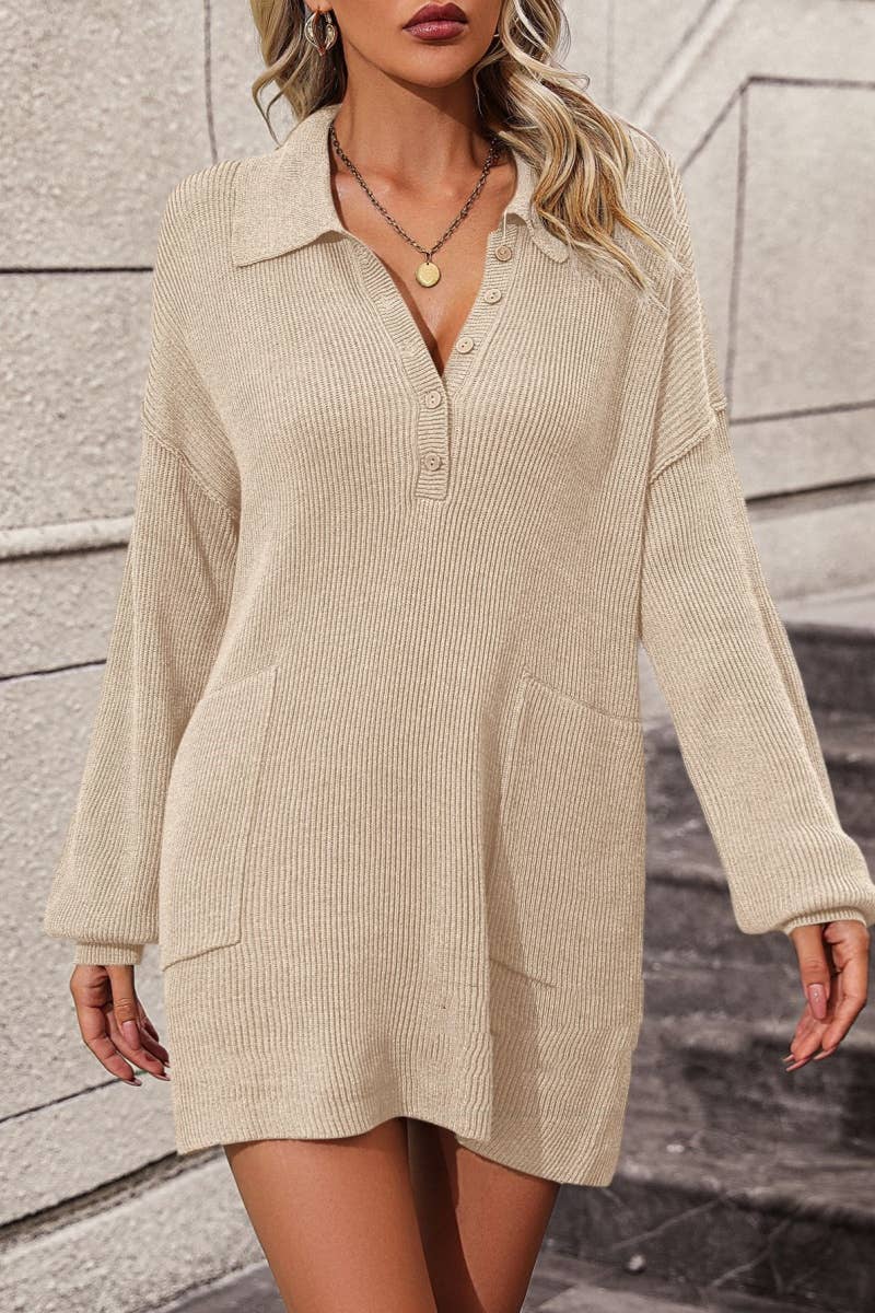 CWDSD6487_LAPEL BUTTON-DOWN LONG-SLEEVED SWEATER DRESS