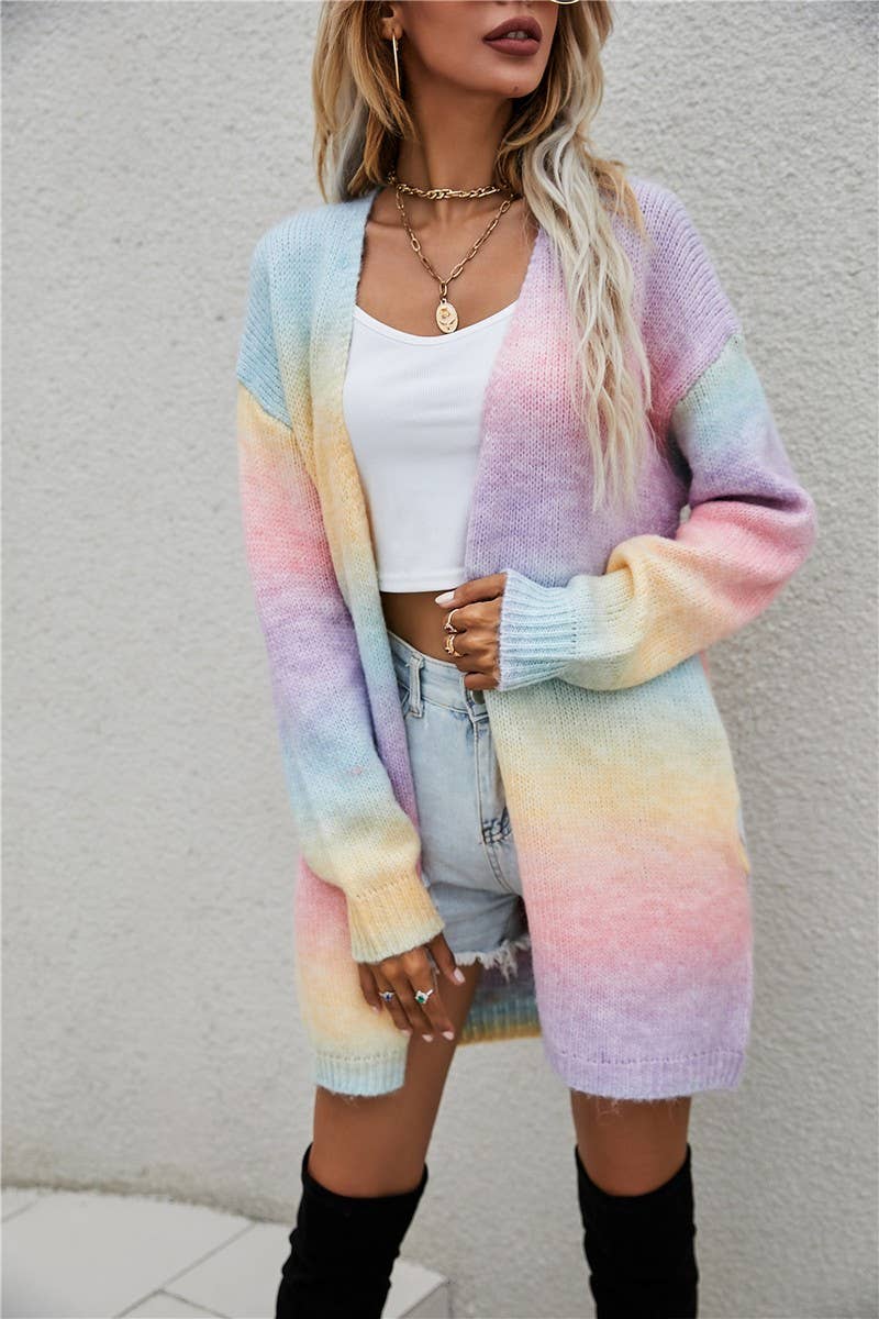 CWOCAL0935_RAINBOW TIE-DYE MID-LENGTH KNITTED CARDIGAN COAT