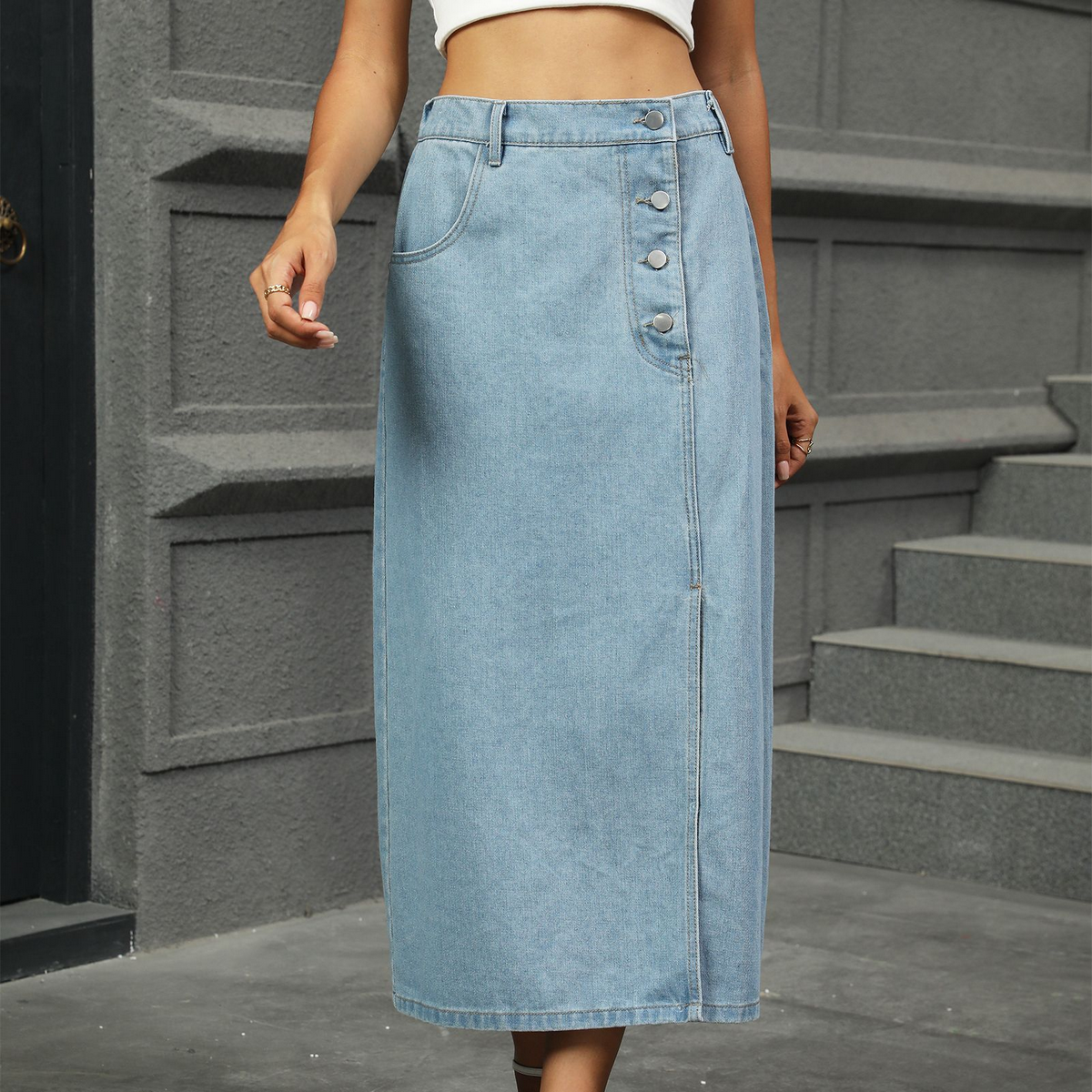 Women??¢s Washed Denim Midi Skirt with Buttons_CWJSK0206