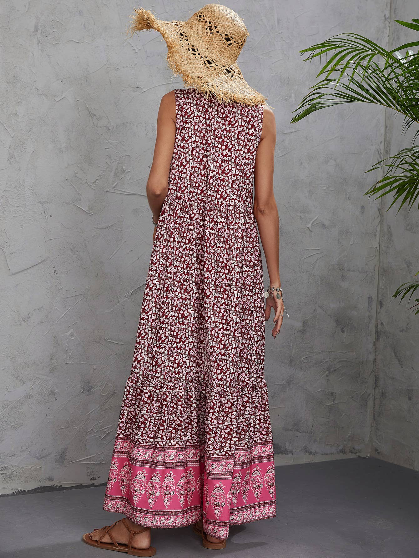 WOMEN'S PRINTED V-NECK SLEEVELESS BELT DRESS