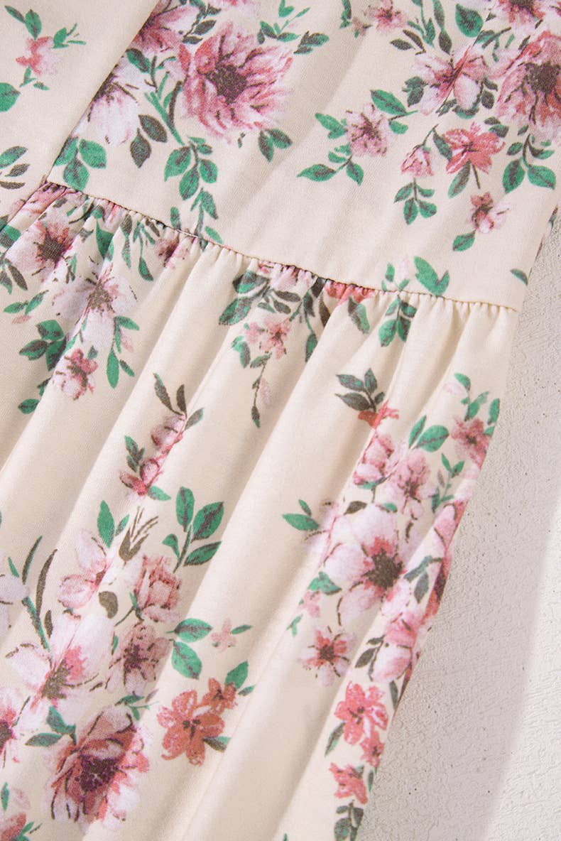 U-NECK FLORAL PRINT PLEATED LONG-SLEEVED TOP