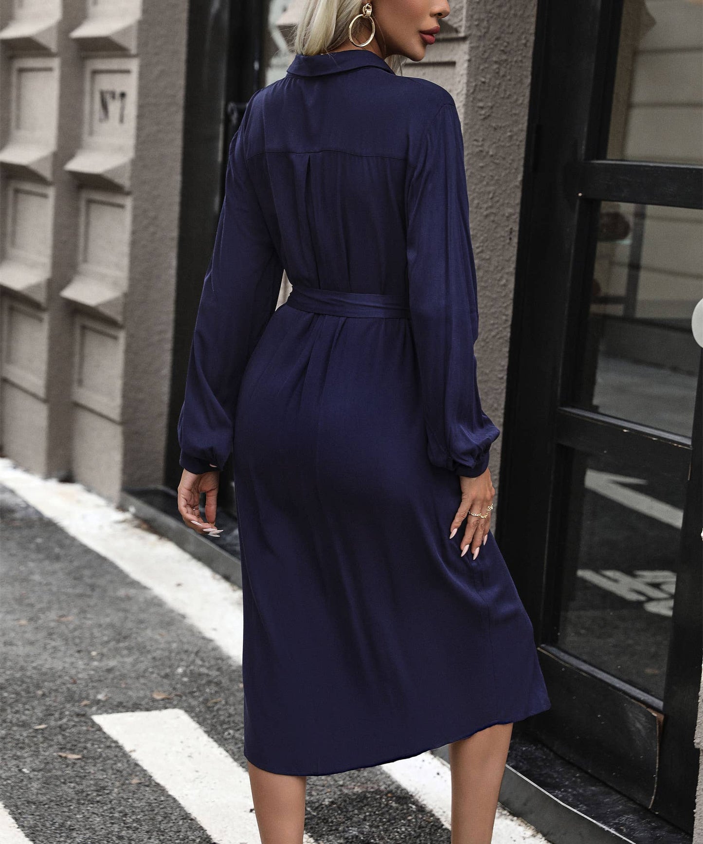 Long single-breasted solid color lapel dress