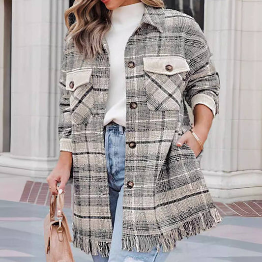 Stylish fringe pocket plaid blouse jacket for women