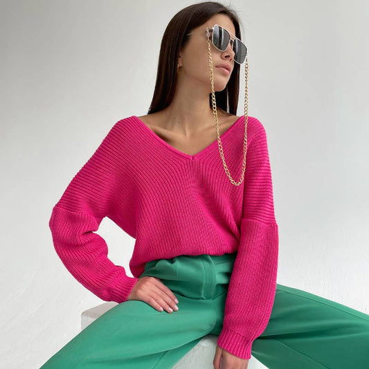 SLOUCHY SOLID COLOR V-NECK PULLOVER SWEATER LADY