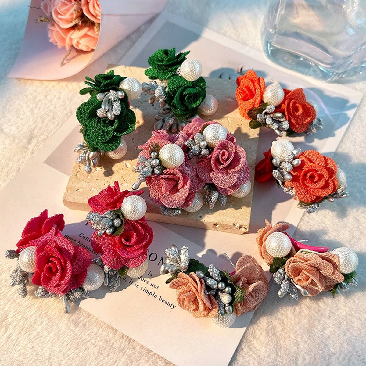 Pearl Fabric Flower Stud Earrings ??Unique Design_CWMM6256