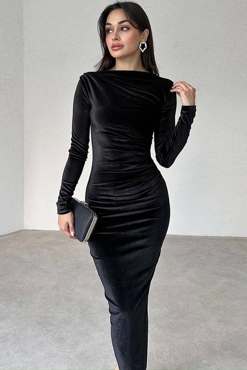 CWDMD4098_SLIM FIT PLEATED LONG SLEEVE TUXEDO DRESS