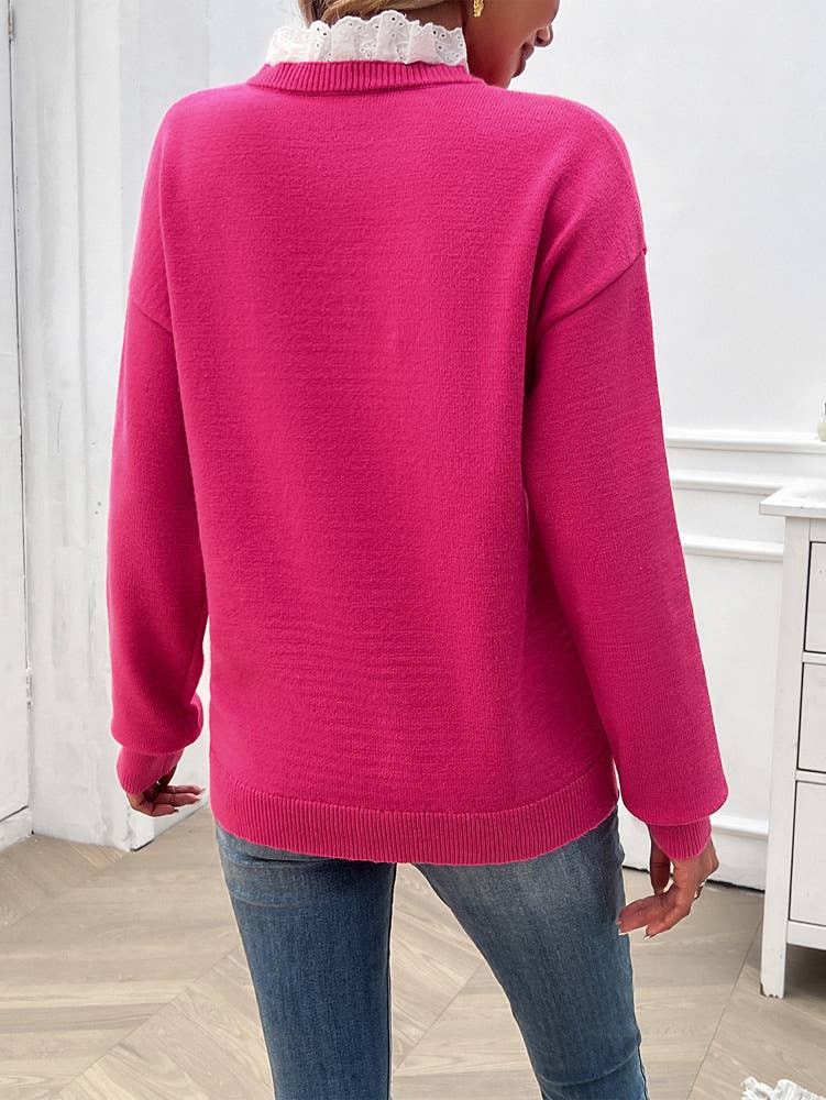 TEMPERAMENT LOOSE LACE V-NECK TOP SWEATER