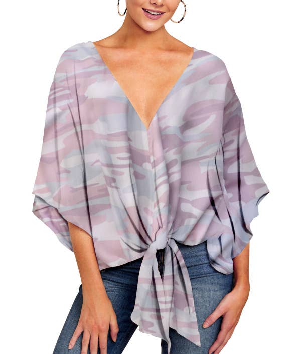 V-neck knotted printed loose sleeved top