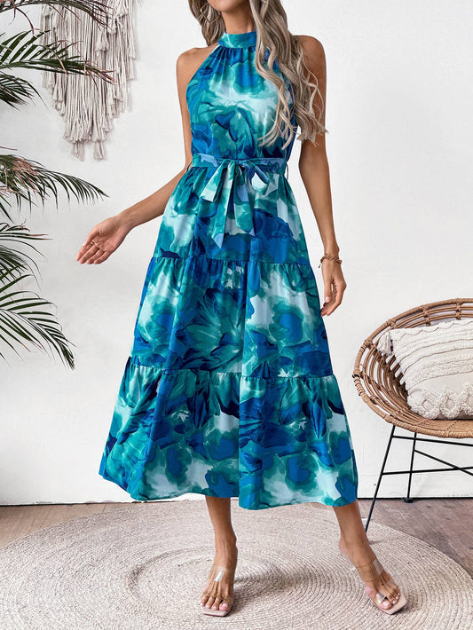 Fashion elegant printed halter sleeveless dress