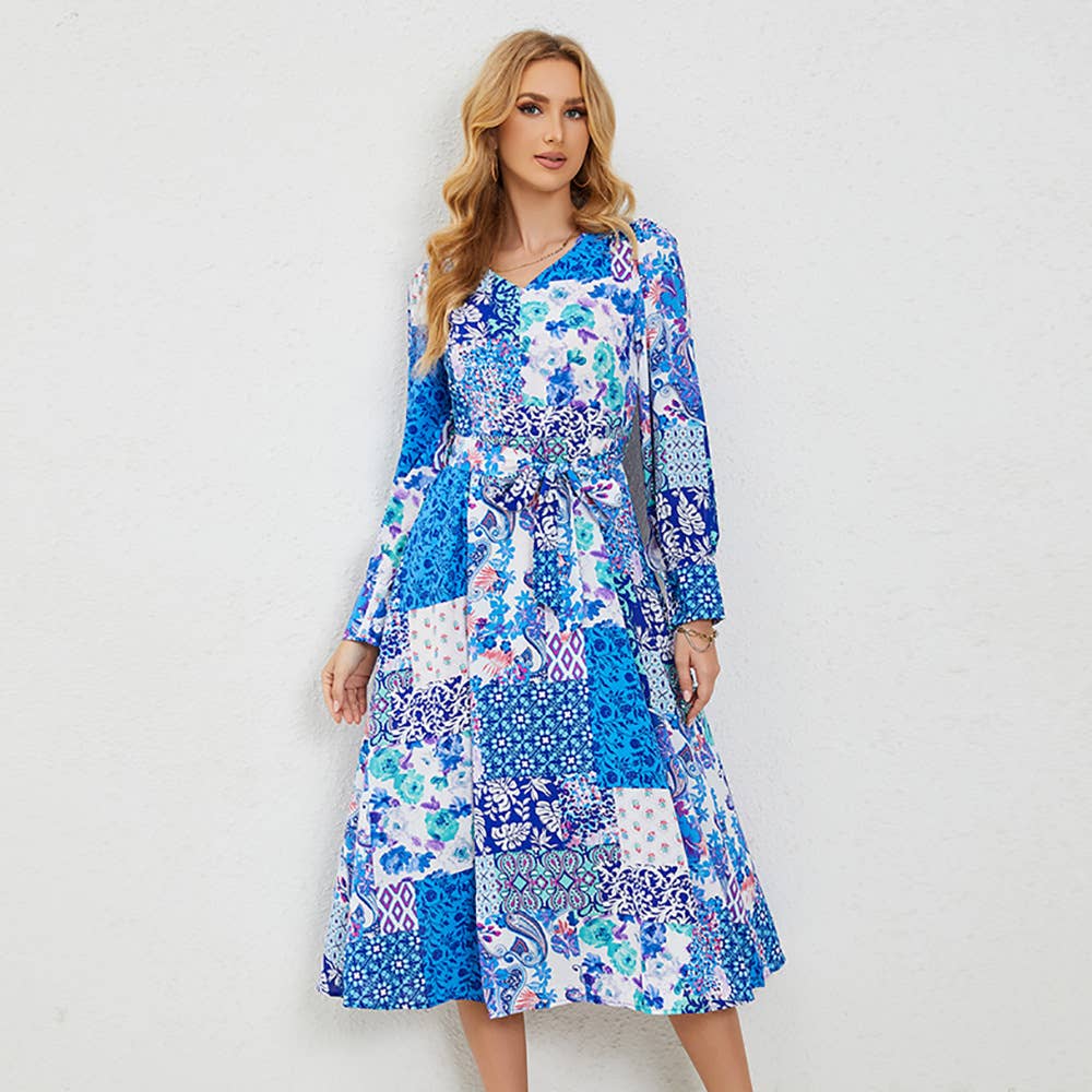 Printed belt A-line skirt long-sleeved dress