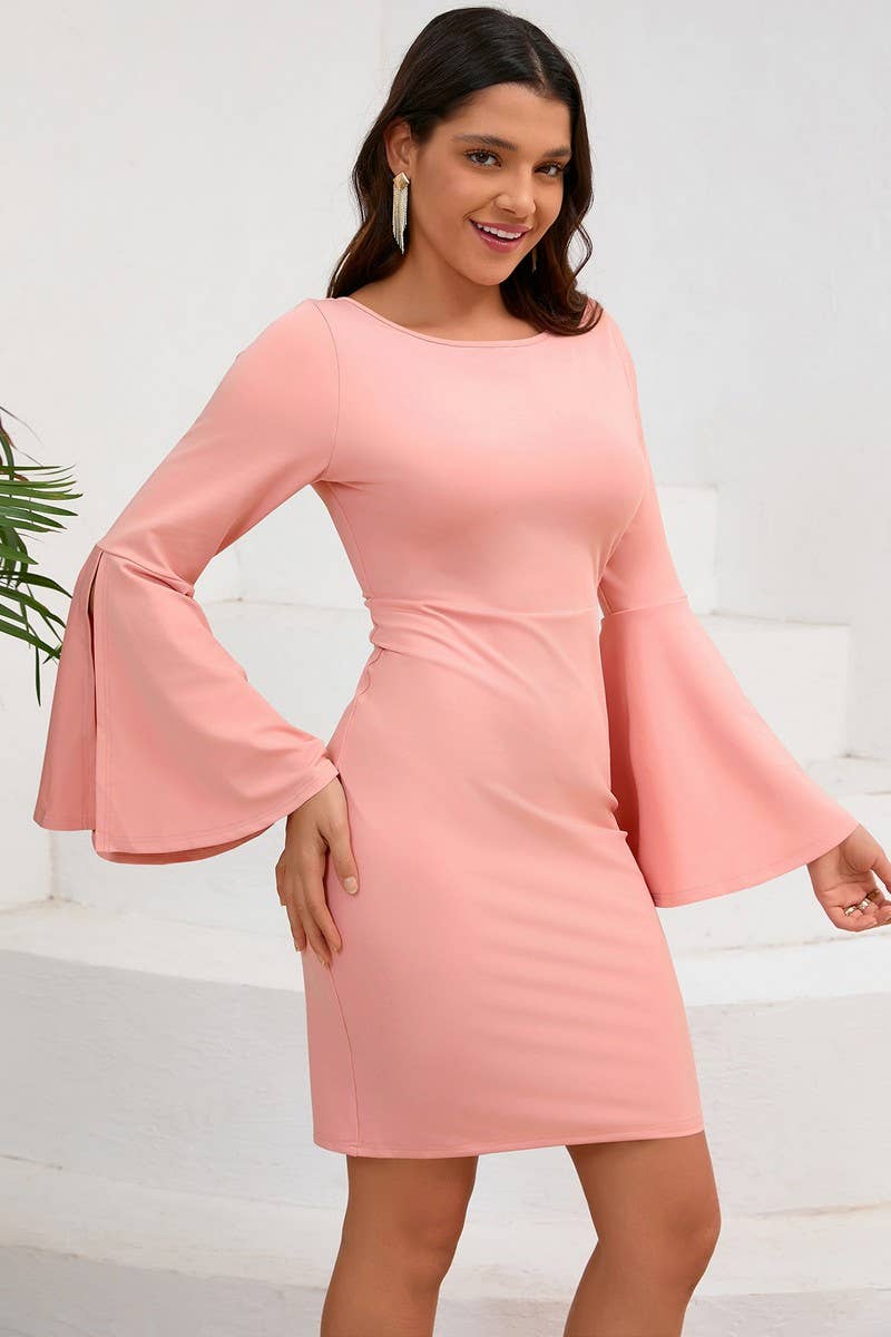 CWDSD6460_SOLID COLOR ROUND NECK TRUMPET SLEEVE HIP DRESS