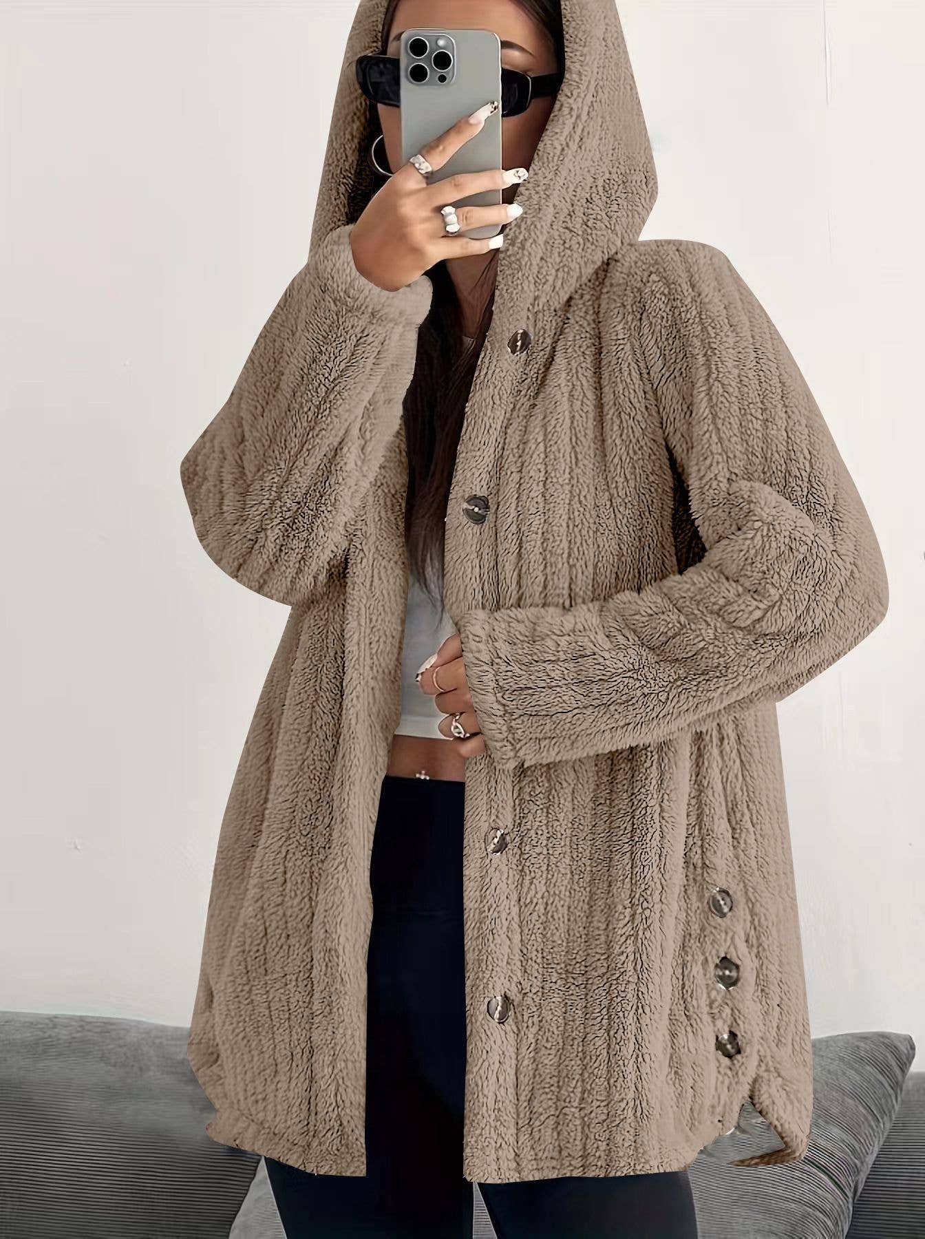 SOLID COLOR LONG SLEEVE HOODED LOOSE FLUFFY COAT