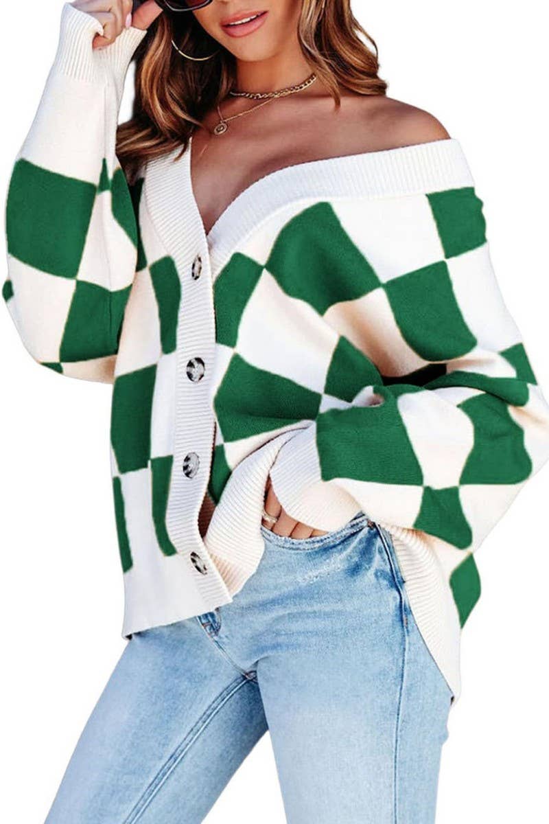 V-neck button-up long-sleeved cardigan