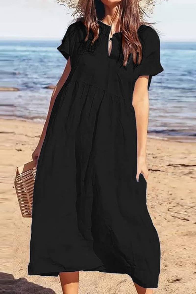 CWDMD00998_SOLID COLOR V-NECK SHORT-SLEEVED LOOSE CASUAL DRE