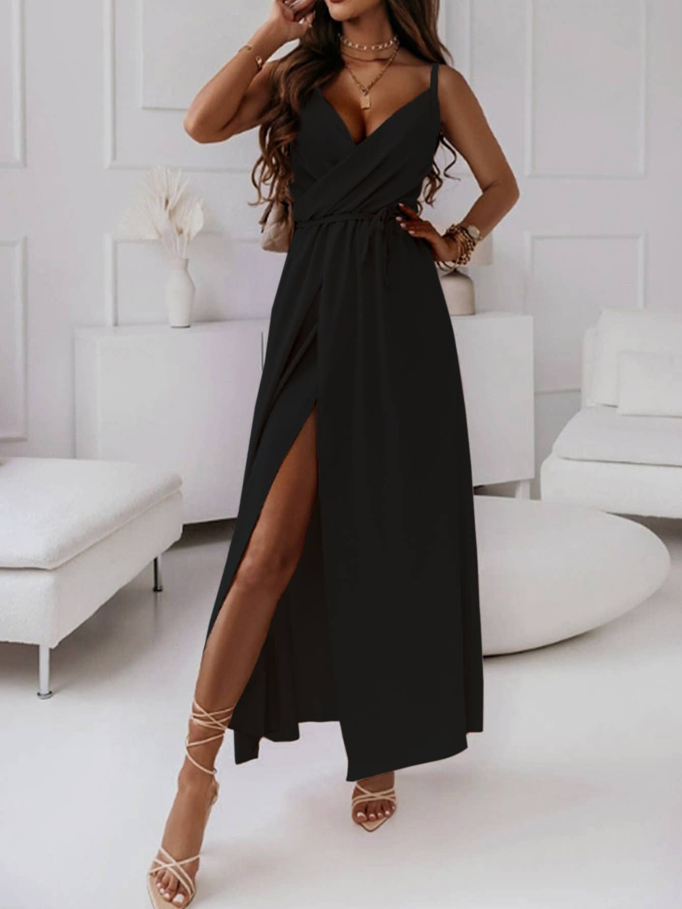 Long halter dress with solid color strap waist