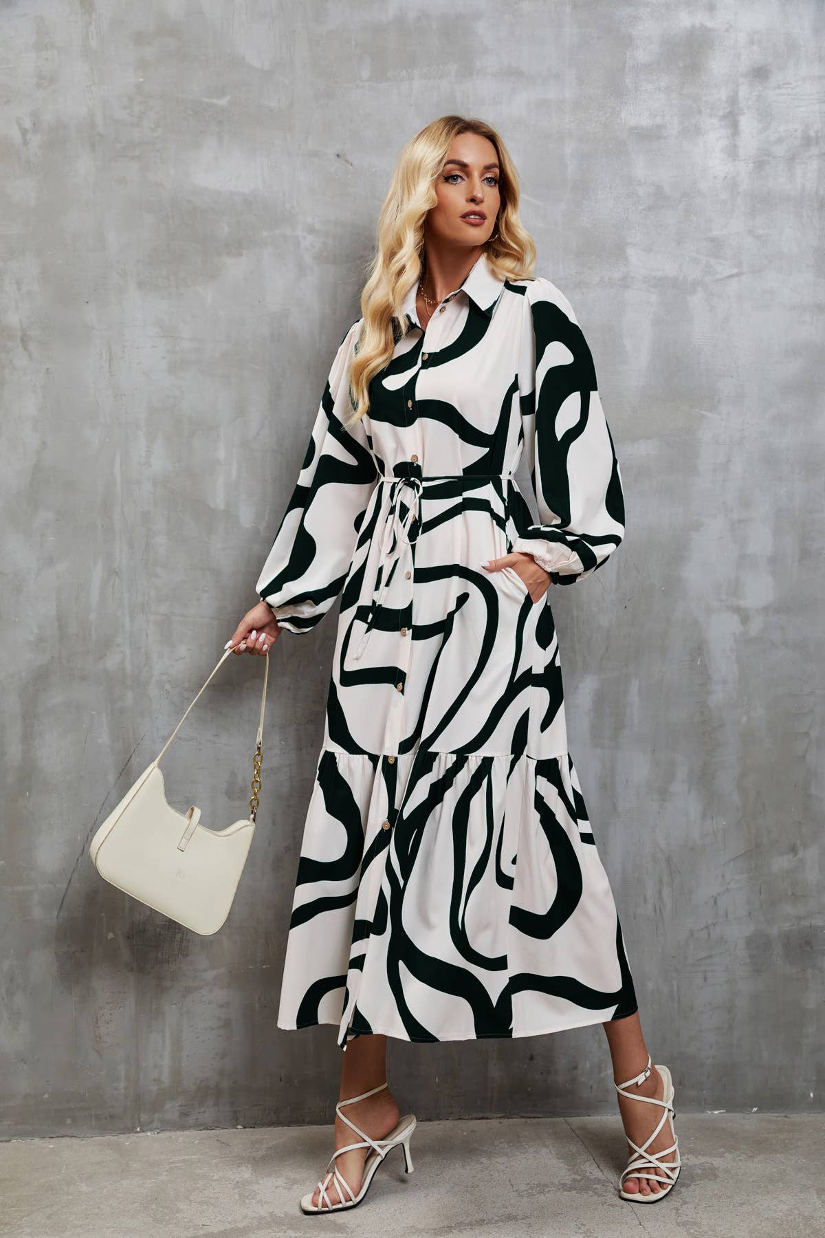 LACE-UP SHIRT DRESS WITH FASHION PRINT TEMPERAMENT