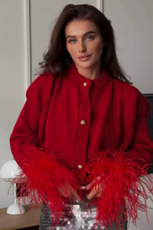 CWOCAL2196_FUR CUFFS CARDIGAN KNITTED SWEATER COAT